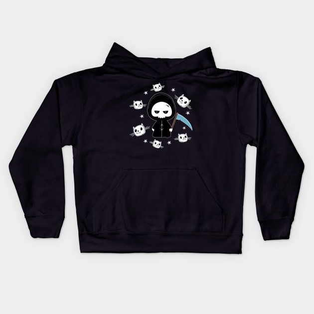 Spooky Grim Reaper with Cats Pattern Halloween Kids Hoodie by Lab Printopia